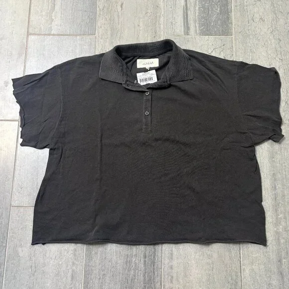 The GREAT. Oversized Boxy Cropped Polo Raw Hem & Sleeves Gray Size 1/Small - Picture 1 of 8